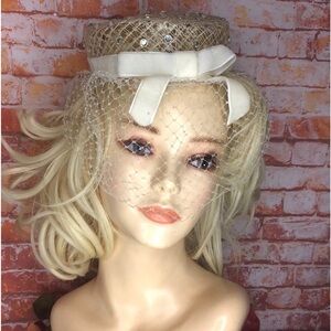 Vintage MCM Champagne and White Crystal Adorned Fascinator with Bow and Veil